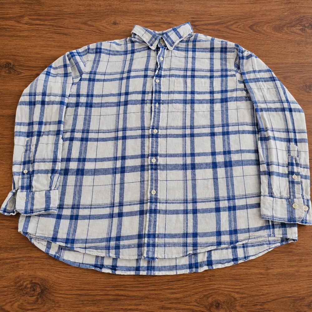 Brooks Brothers Mens XXL Blue White Plaid Linen Button Down Shirt Regent Fit